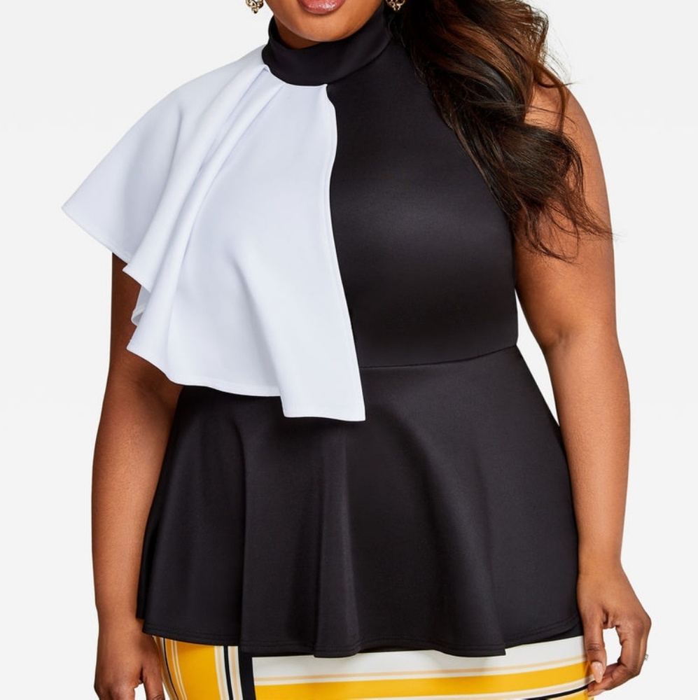 CONTRAST RUFFLE SHOULDER PEPLUM